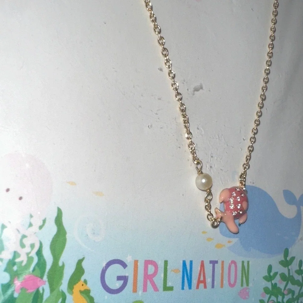 Girl Nation 14K Gold Plated Pink Enamel Fish Crystal Necklace Hypoallergenic